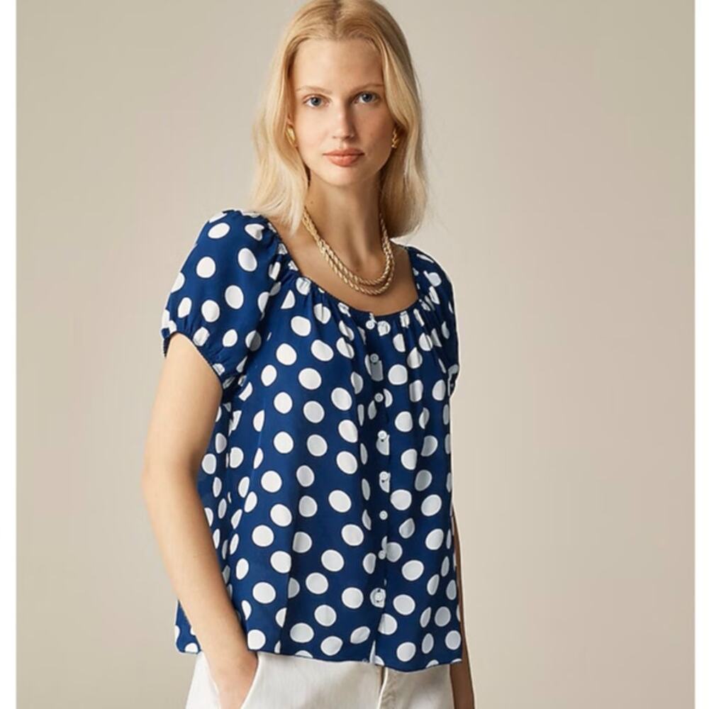 J.Crew Jamie Cap Sleeve Top SZ 2X Navy White Polka Square Neck Button Up Stretch